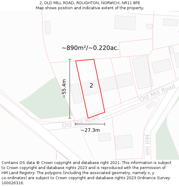 2, OLD MILL ROAD, ROUGHTON, NORWICH, NR11 8PE: Plot and title map