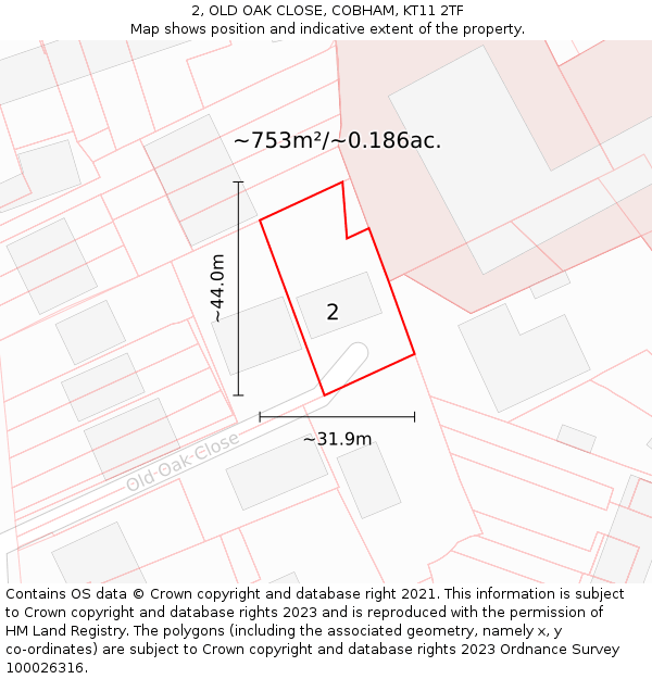 2, OLD OAK CLOSE, COBHAM, KT11 2TF: Plot and title map
