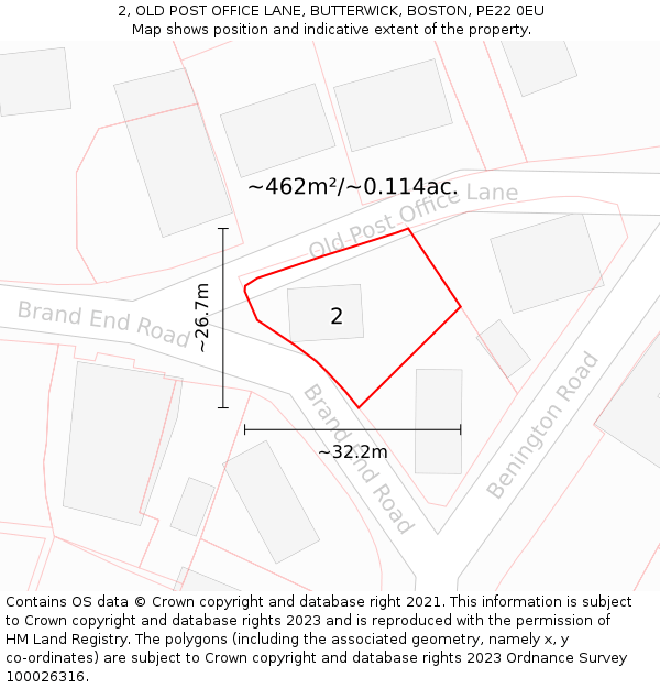 2, OLD POST OFFICE LANE, BUTTERWICK, BOSTON, PE22 0EU: Plot and title map