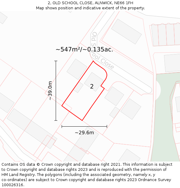 2, OLD SCHOOL CLOSE, ALNWICK, NE66 1FH: Plot and title map