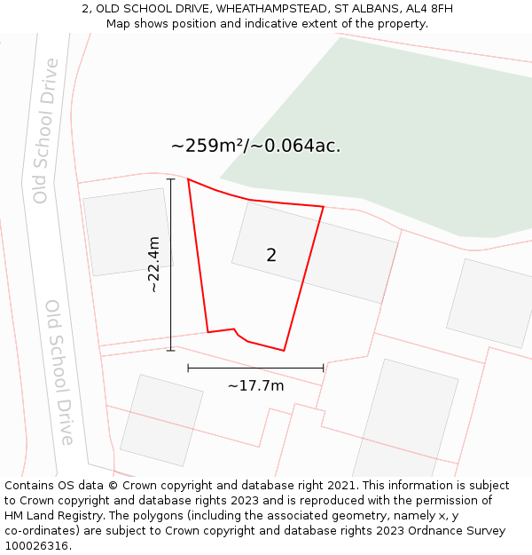 2, OLD SCHOOL DRIVE, WHEATHAMPSTEAD, ST ALBANS, AL4 8FH: Plot and title map