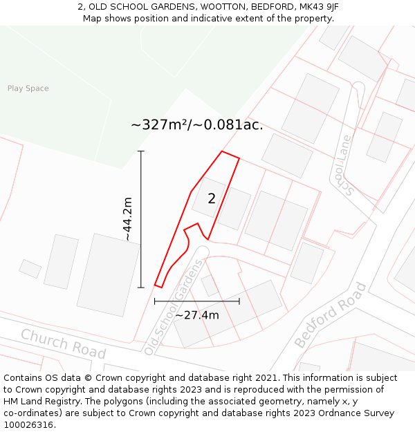 2, OLD SCHOOL GARDENS, WOOTTON, BEDFORD, MK43 9JF: Plot and title map