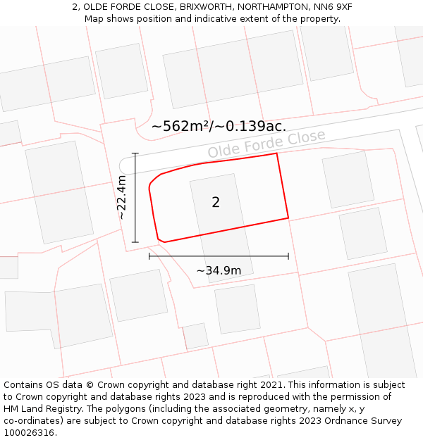 2, OLDE FORDE CLOSE, BRIXWORTH, NORTHAMPTON, NN6 9XF: Plot and title map