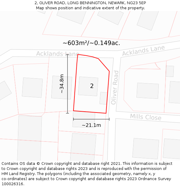 2, OLIVER ROAD, LONG BENNINGTON, NEWARK, NG23 5EP: Plot and title map