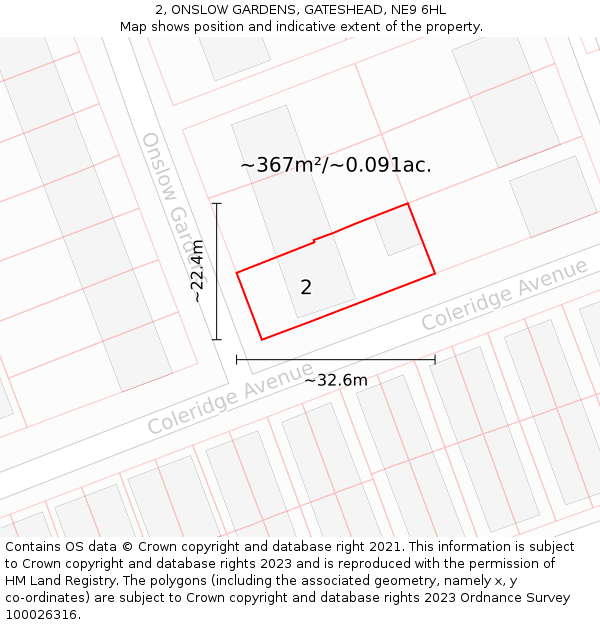 2, ONSLOW GARDENS, GATESHEAD, NE9 6HL: Plot and title map