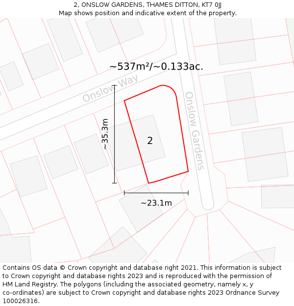 2, ONSLOW GARDENS, THAMES DITTON, KT7 0JJ: Plot and title map
