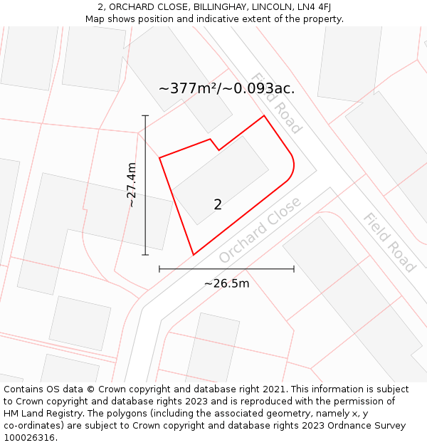 2, ORCHARD CLOSE, BILLINGHAY, LINCOLN, LN4 4FJ: Plot and title map