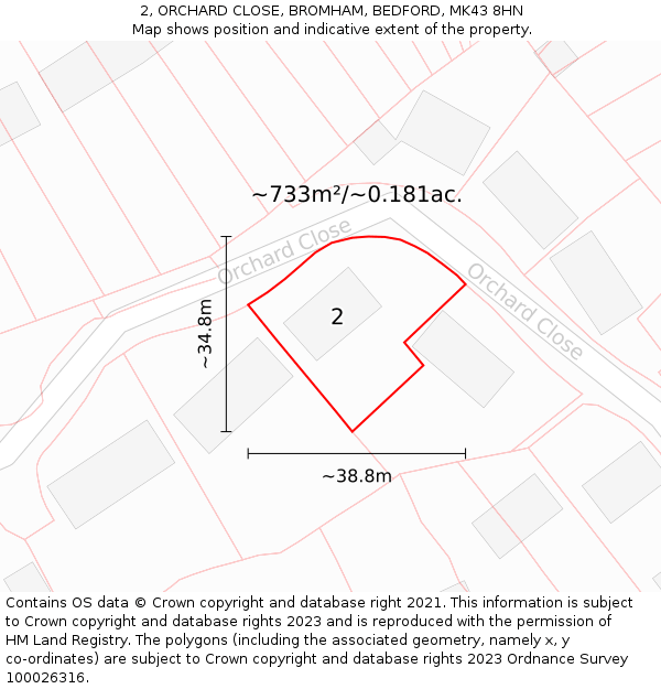 2, ORCHARD CLOSE, BROMHAM, BEDFORD, MK43 8HN: Plot and title map