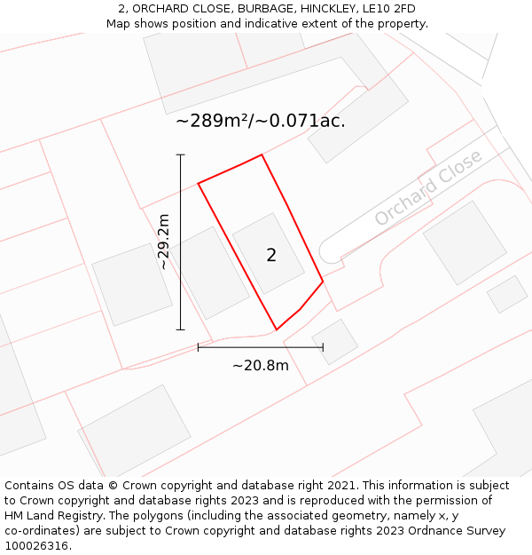 2, ORCHARD CLOSE, BURBAGE, HINCKLEY, LE10 2FD: Plot and title map
