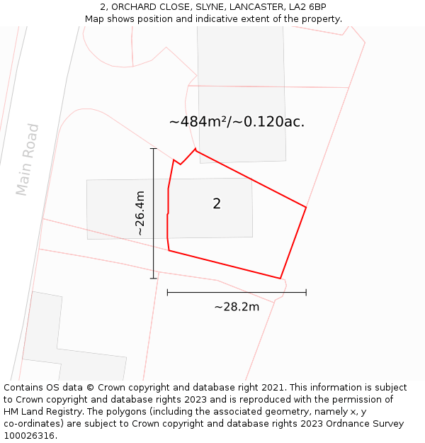 2, ORCHARD CLOSE, SLYNE, LANCASTER, LA2 6BP: Plot and title map