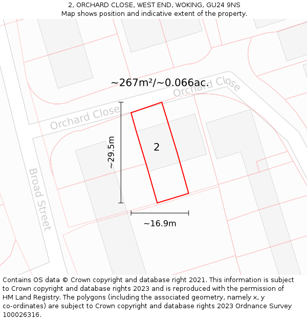2, ORCHARD CLOSE, WEST END, WOKING, GU24 9NS: Plot and title map