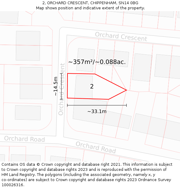 2, ORCHARD CRESCENT, CHIPPENHAM, SN14 0BG: Plot and title map