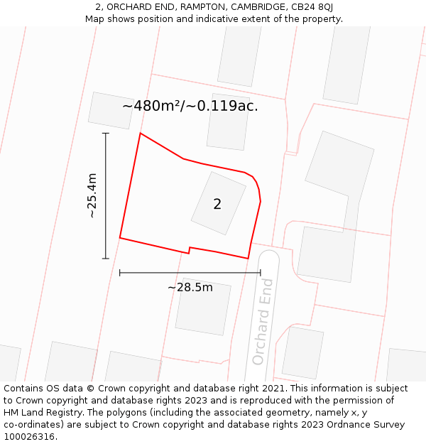 2, ORCHARD END, RAMPTON, CAMBRIDGE, CB24 8QJ: Plot and title map