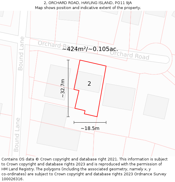 2, ORCHARD ROAD, HAYLING ISLAND, PO11 9JA: Plot and title map