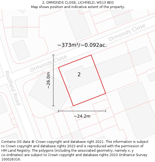 2, ORMONDS CLOSE, LICHFIELD, WS13 8EG: Plot and title map