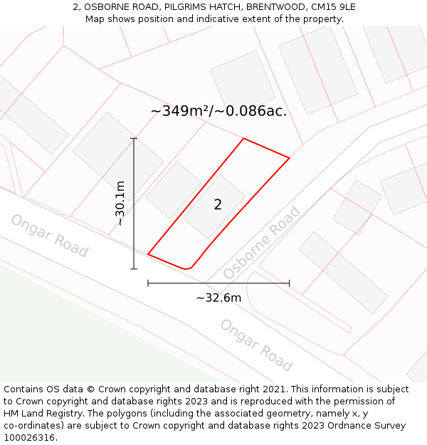 2, OSBORNE ROAD, PILGRIMS HATCH, BRENTWOOD, CM15 9LE: Plot and title map