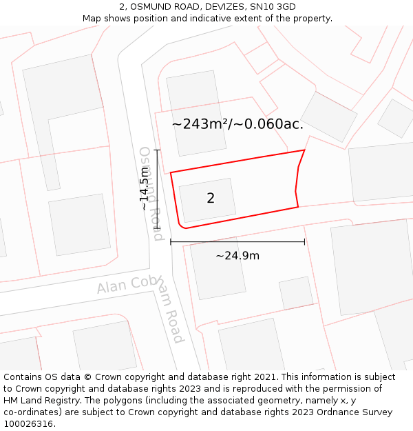 2, OSMUND ROAD, DEVIZES, SN10 3GD: Plot and title map