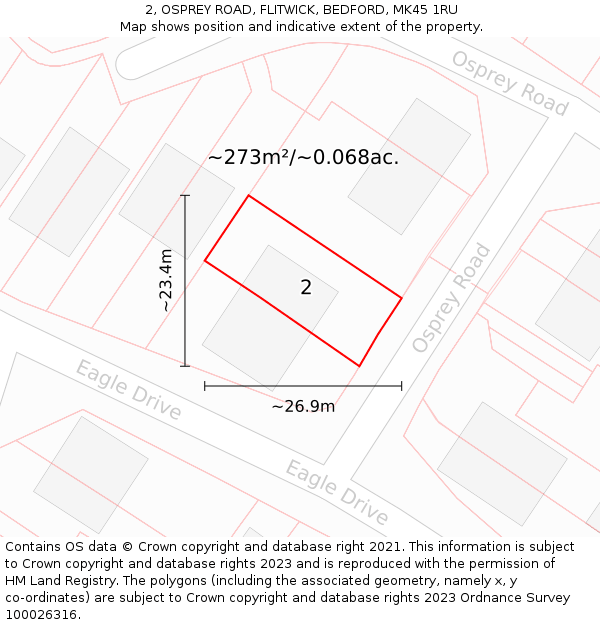 2, OSPREY ROAD, FLITWICK, BEDFORD, MK45 1RU: Plot and title map
