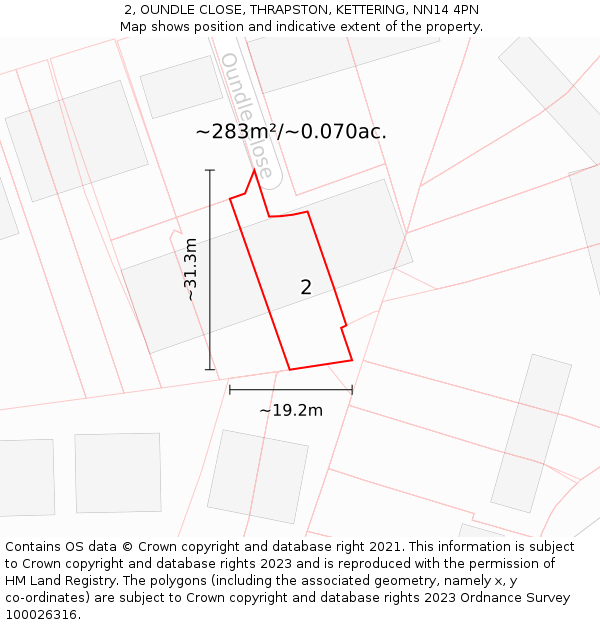 2, OUNDLE CLOSE, THRAPSTON, KETTERING, NN14 4PN: Plot and title map
