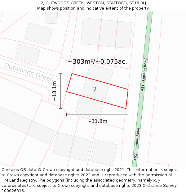 2, OUTWOODS GREEN, WESTON, STAFFORD, ST18 0LJ: Plot and title map