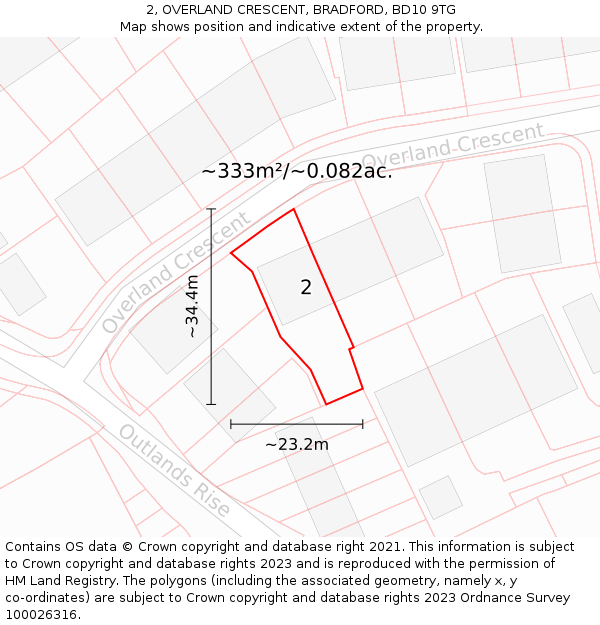 2, OVERLAND CRESCENT, BRADFORD, BD10 9TG: Plot and title map