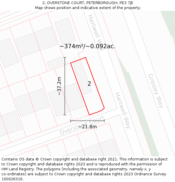2, OVERSTONE COURT, PETERBOROUGH, PE3 7JE: Plot and title map