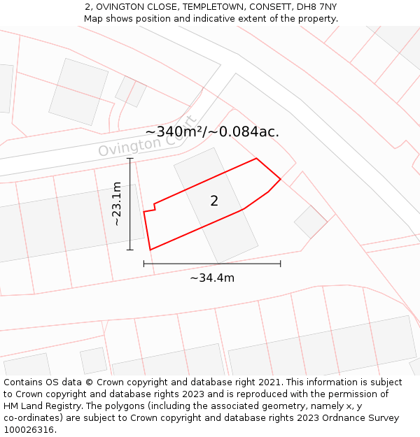 2, OVINGTON CLOSE, TEMPLETOWN, CONSETT, DH8 7NY: Plot and title map
