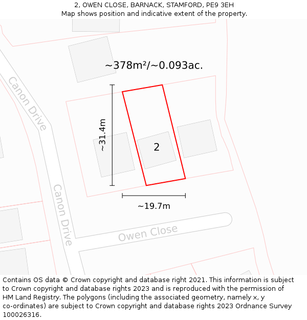 2, OWEN CLOSE, BARNACK, STAMFORD, PE9 3EH: Plot and title map