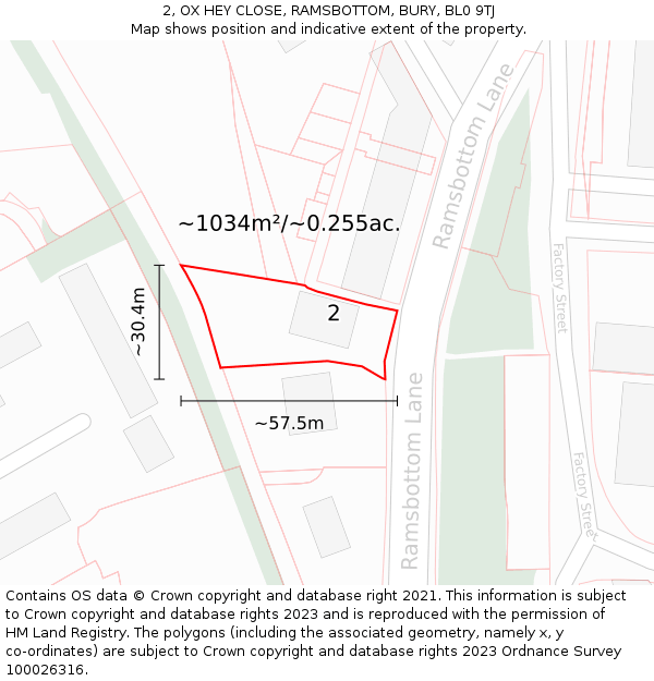2, OX HEY CLOSE, RAMSBOTTOM, BURY, BL0 9TJ: Plot and title map