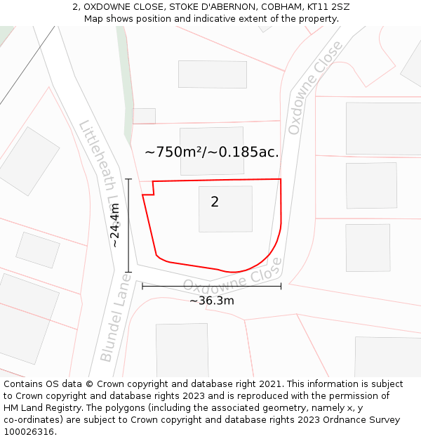 2, OXDOWNE CLOSE, STOKE D'ABERNON, COBHAM, KT11 2SZ: Plot and title map