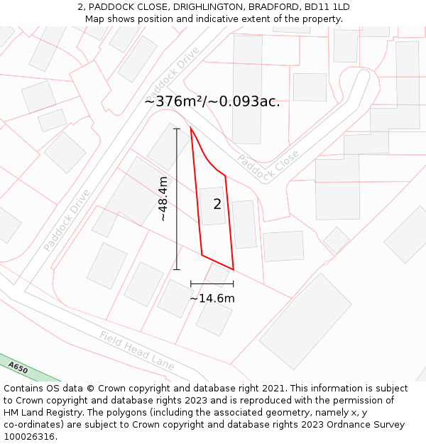 2, PADDOCK CLOSE, DRIGHLINGTON, BRADFORD, BD11 1LD: Plot and title map
