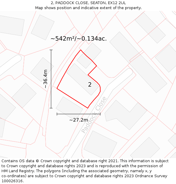 2, PADDOCK CLOSE, SEATON, EX12 2UL: Plot and title map