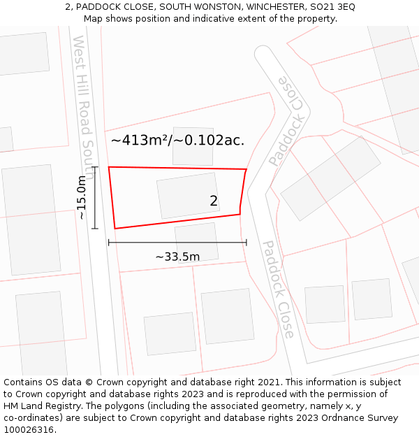 2, PADDOCK CLOSE, SOUTH WONSTON, WINCHESTER, SO21 3EQ: Plot and title map
