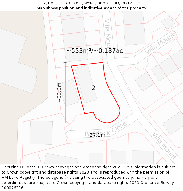 2, PADDOCK CLOSE, WYKE, BRADFORD, BD12 9LB: Plot and title map