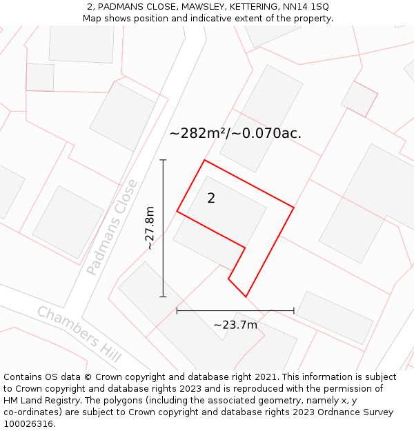 2, PADMANS CLOSE, MAWSLEY, KETTERING, NN14 1SQ: Plot and title map