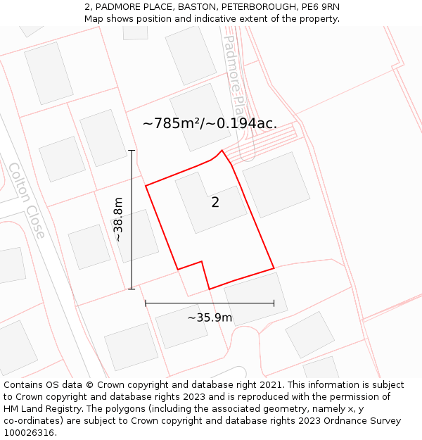 2, PADMORE PLACE, BASTON, PETERBOROUGH, PE6 9RN: Plot and title map