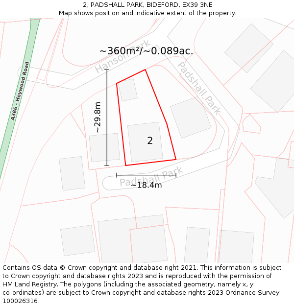 2, PADSHALL PARK, BIDEFORD, EX39 3NE: Plot and title map