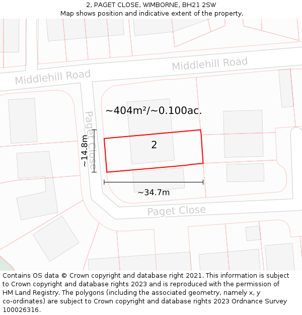 2, PAGET CLOSE, WIMBORNE, BH21 2SW: Plot and title map