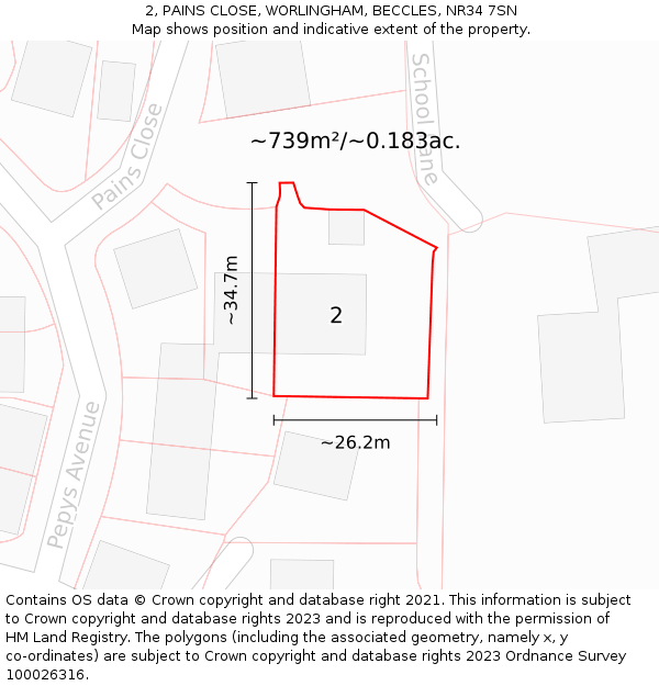 2, PAINS CLOSE, WORLINGHAM, BECCLES, NR34 7SN: Plot and title map