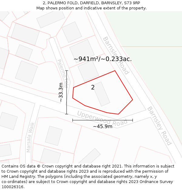 2, PALERMO FOLD, DARFIELD, BARNSLEY, S73 9RP: Plot and title map