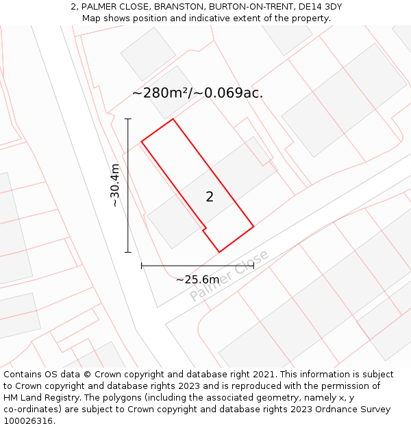 2, PALMER CLOSE, BRANSTON, BURTON-ON-TRENT, DE14 3DY: Plot and title map
