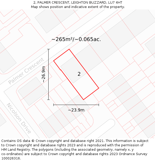 2, PALMER CRESCENT, LEIGHTON BUZZARD, LU7 4HT: Plot and title map