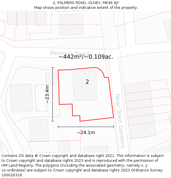 2, PALMERS ROAD, OLNEY, MK46 4JY: Plot and title map