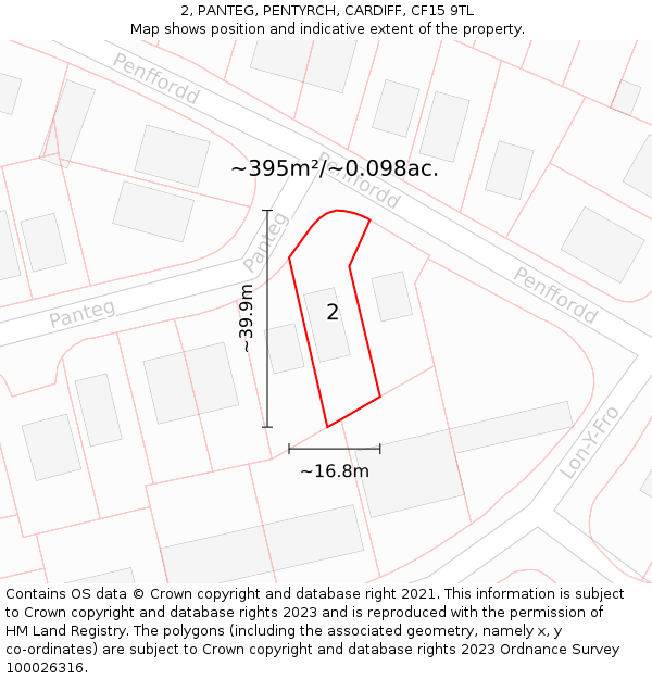 2, PANTEG, PENTYRCH, CARDIFF, CF15 9TL: Plot and title map