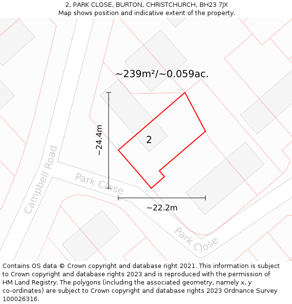 2, PARK CLOSE, BURTON, CHRISTCHURCH, BH23 7JX: Plot and title map