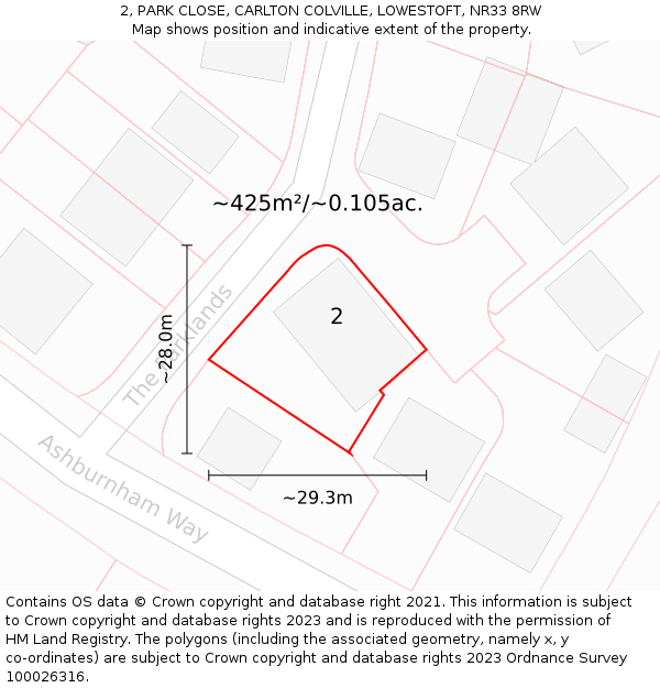 2, PARK CLOSE, CARLTON COLVILLE, LOWESTOFT, NR33 8RW: Plot and title map