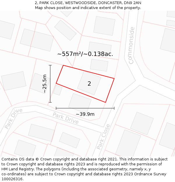 2, PARK CLOSE, WESTWOODSIDE, DONCASTER, DN9 2AN: Plot and title map