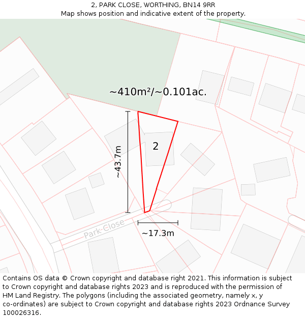 2, PARK CLOSE, WORTHING, BN14 9RR: Plot and title map