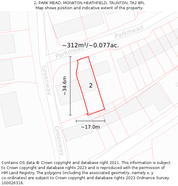 2, PARK MEAD, MONKTON HEATHFIELD, TAUNTON, TA2 8PL: Plot and title map