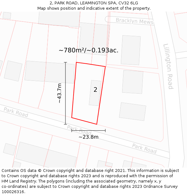 2, PARK ROAD, LEAMINGTON SPA, CV32 6LG: Plot and title map